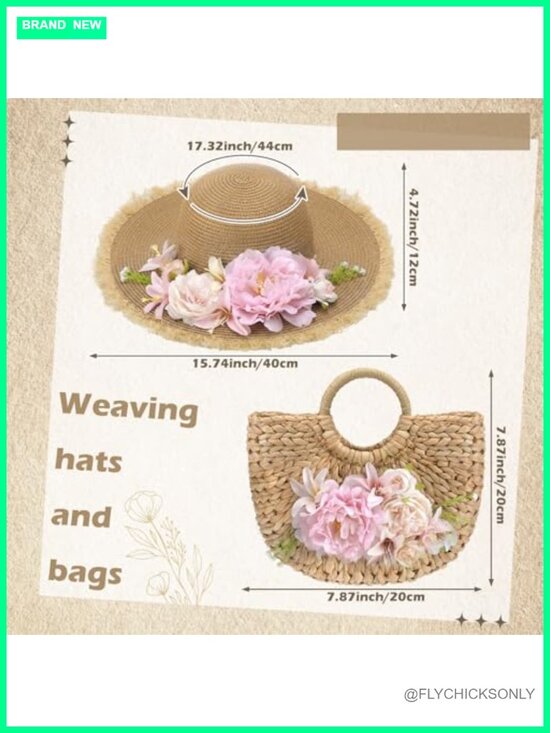 2-Piece Handcrafted Straw Sun Hat & Tote Bag Set Boho Wedding Bridal Shower main image 6